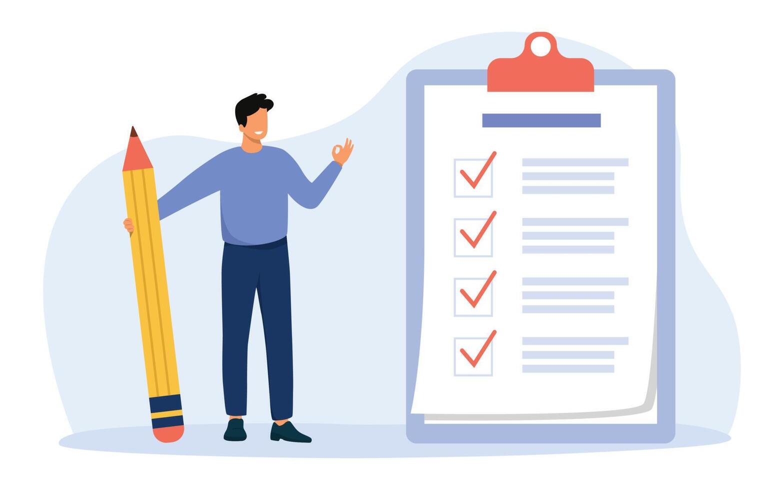 Businessman holding pencil at big complete checklist with tick marks. Check list with tick mark, businessman with questionnaire. Vector illustration.