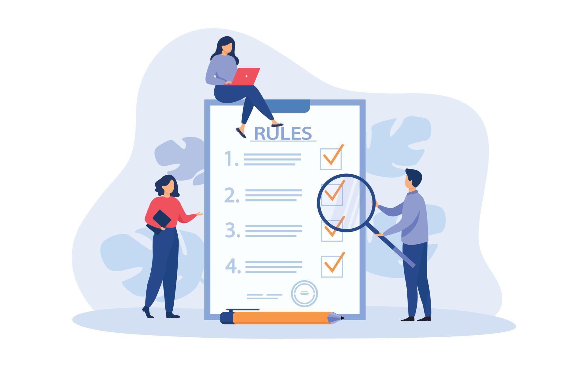 Rules vector illustration. Flat tiny reading guidance, making checklis