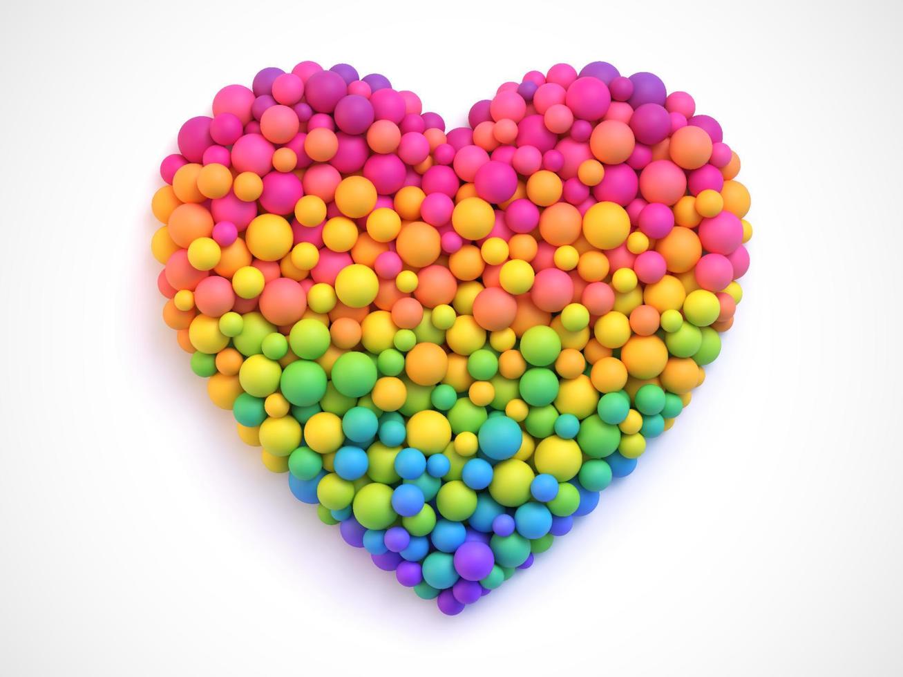 Rainbow gradient bright soft balls in shape of heart isolated on white background. Vector illustration