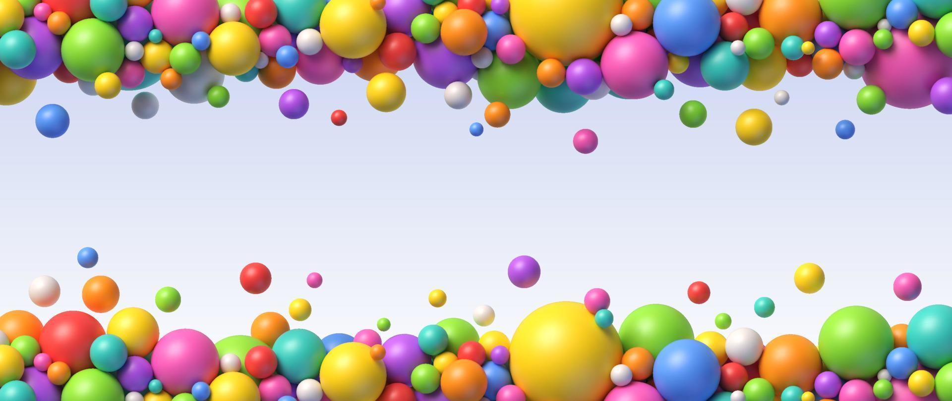 Multicolored flying balls arranged in two lines. Abstract composition with colorful balls in different sizes with empty space for your content.. Realistic vector background