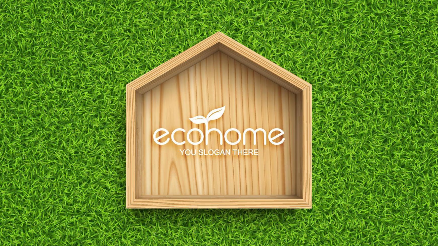 Wooden frame in shape of house on grass background. Eco home concept. Vector illustration