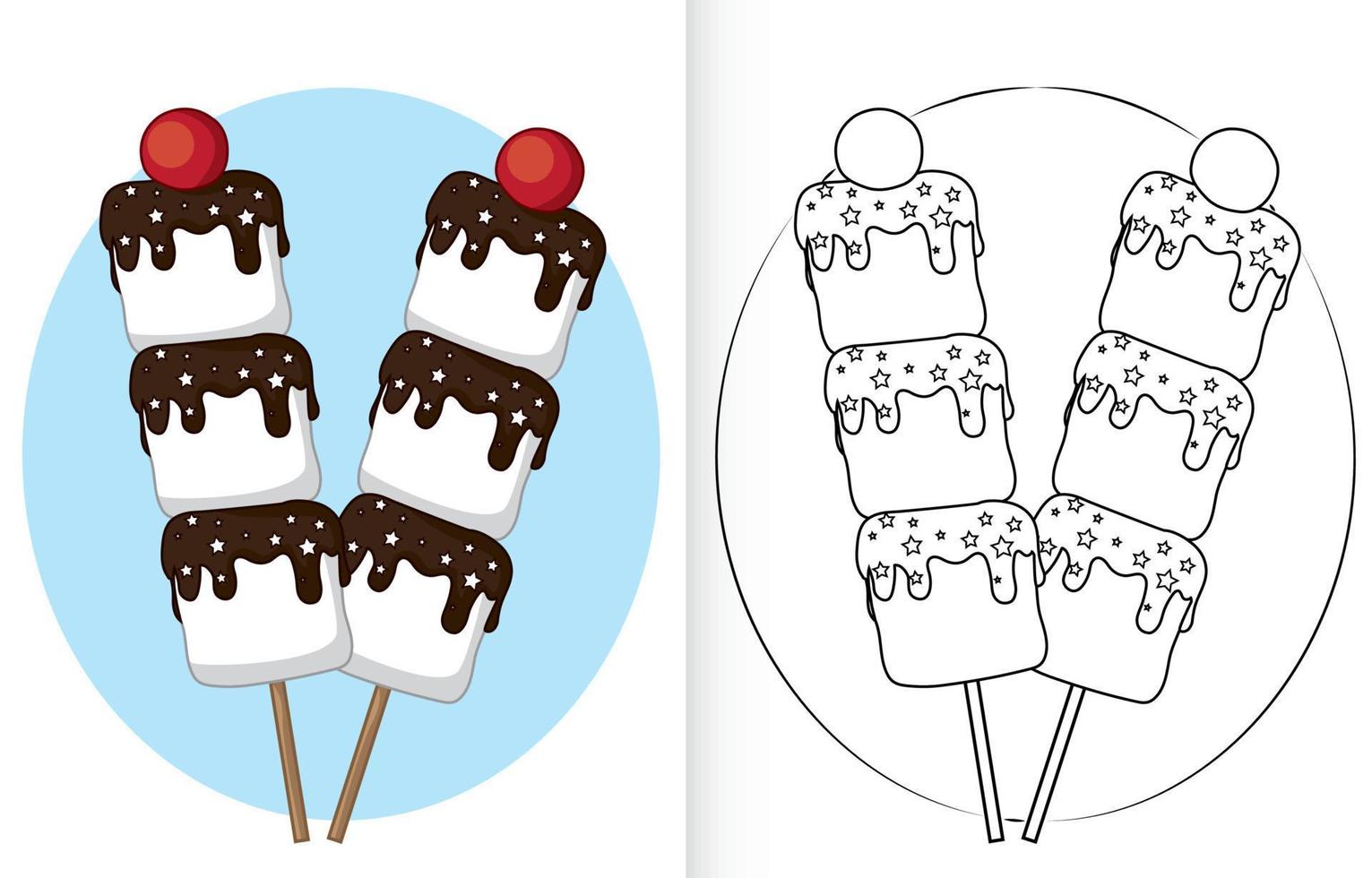 Cute little marshmallows on stick. marshmallows Coloring Page for Kids vector