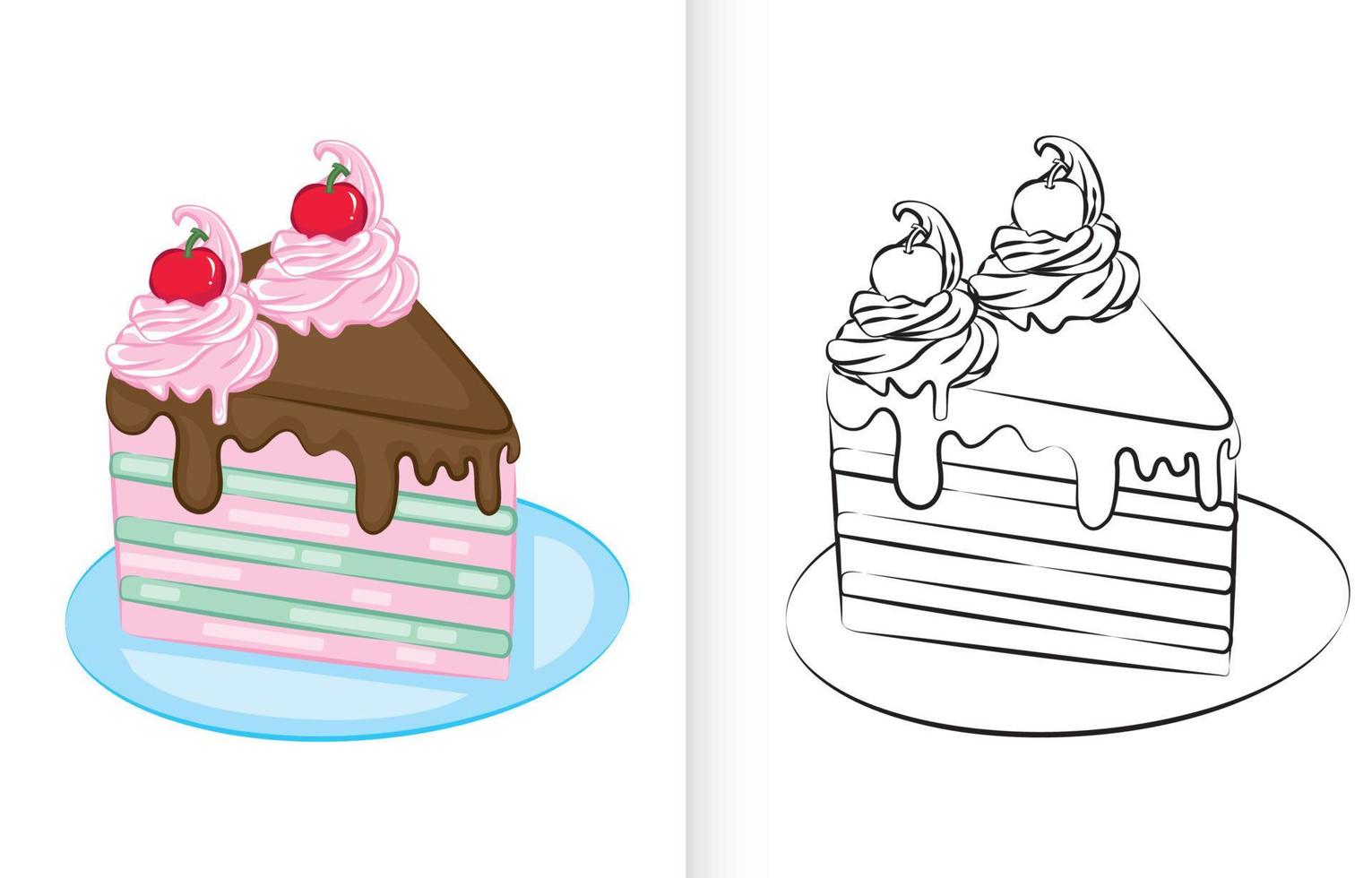 Coloring page for Cake vector illustration. Kindergarten children Coloring pages activity worksheet with cute Cake cartoon