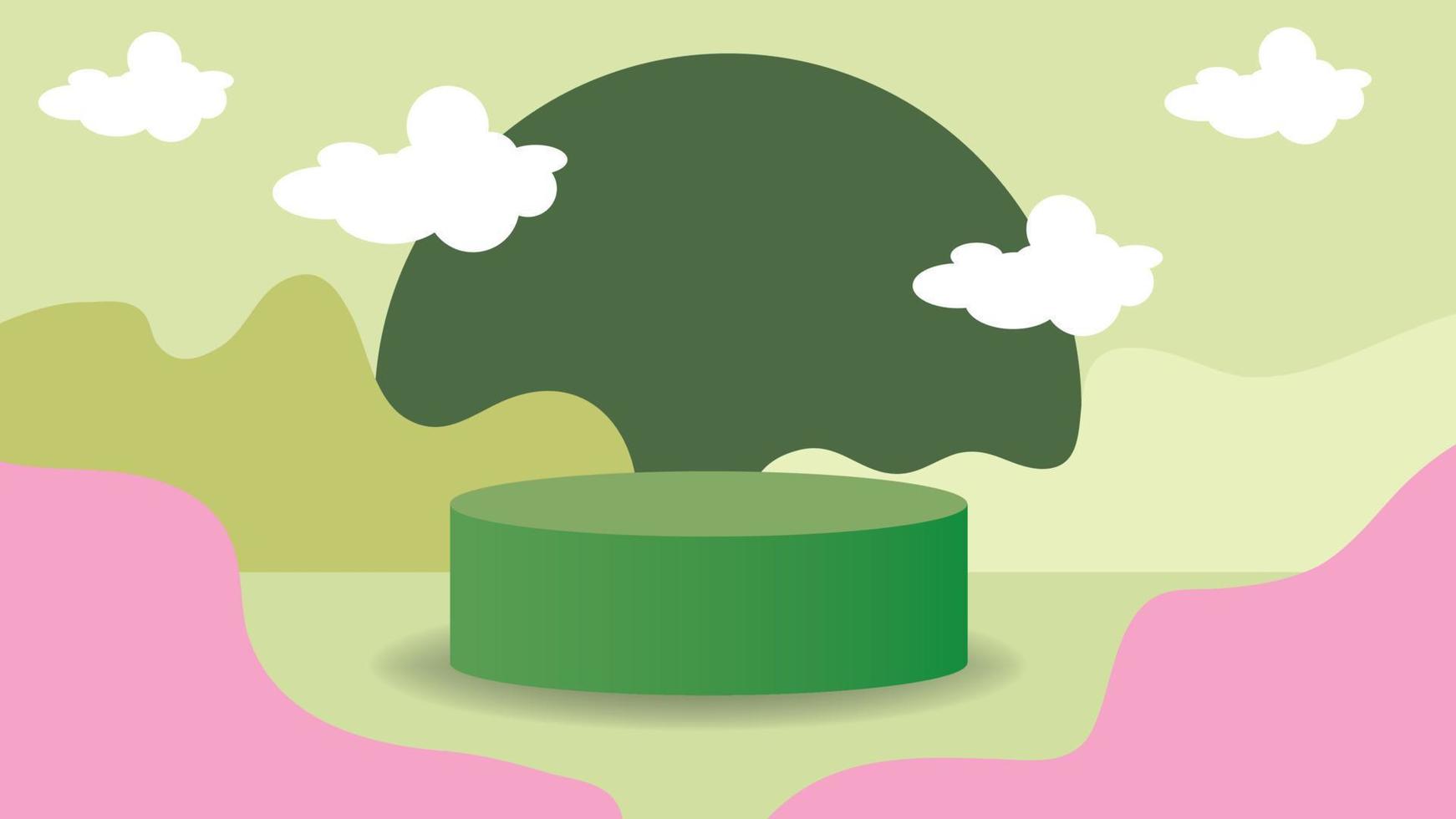 green podium with abstract clouds background. Space for text or product advertising vector