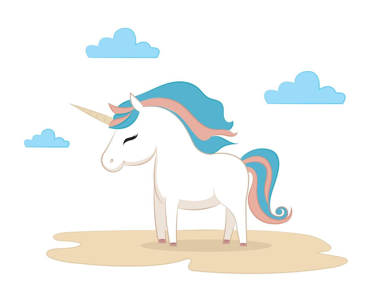 hermosa unicornio en nubes con estrellas ilustración, vector. vector