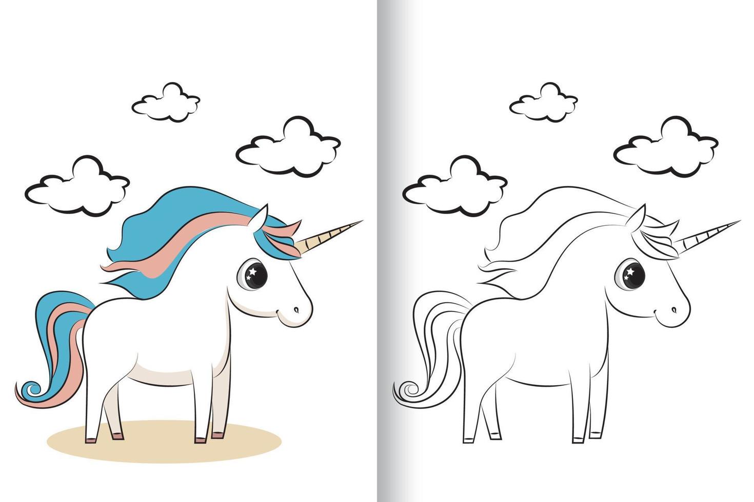 Cute unicorn collection. Monochrome and colored, vector illustration for coloring book