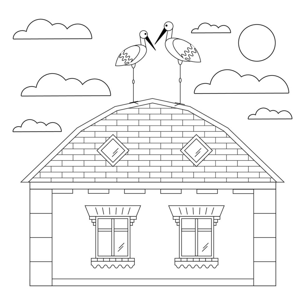 casa con cigüeñas en el techo con cielo, negro línea dibujo, garabatear aislado en blanco antecedentes. vector