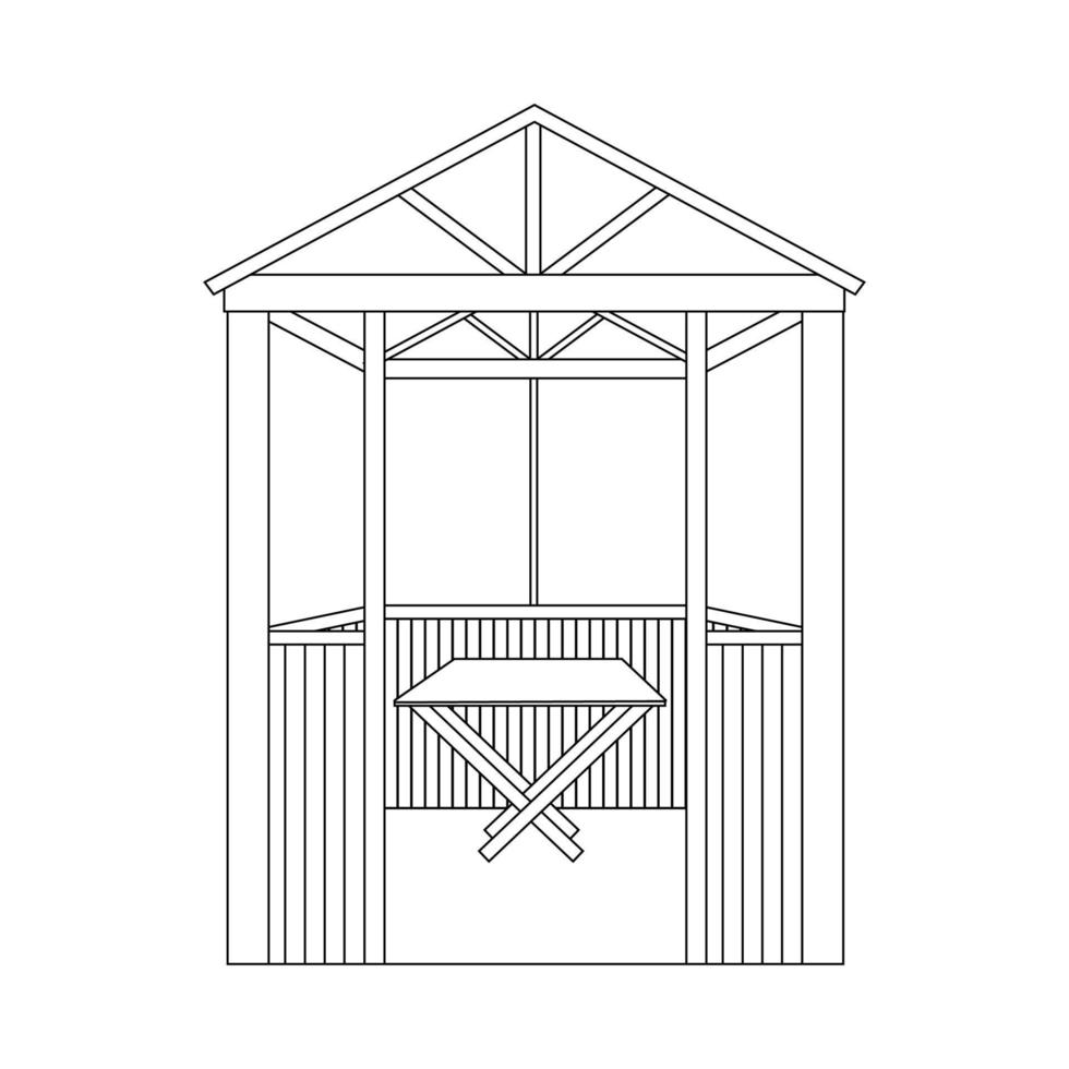 Summer house a table inside, black line drawing, doodle isolated on white background. vector
