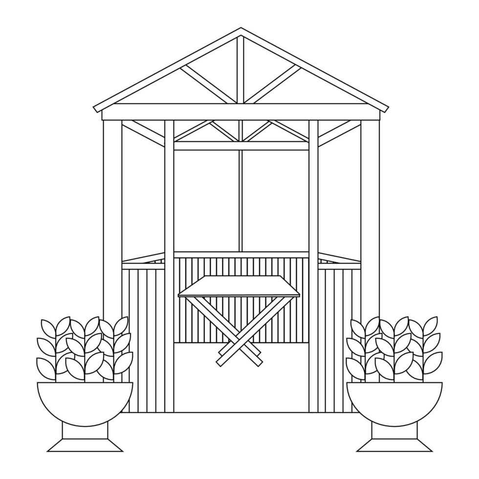 Garden house with table inside and flower beds outside, black line drawing, doodle isolated on white background. vector