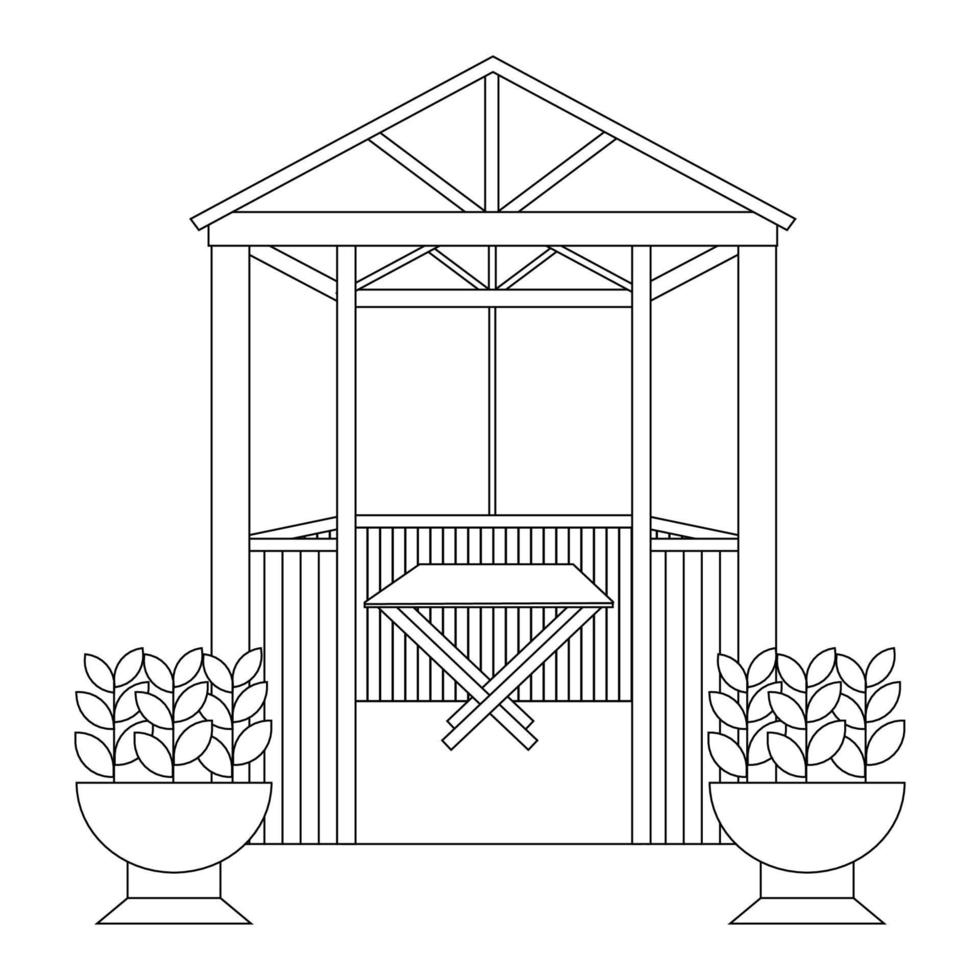 Garden house with table inside and flower beds outside, black line drawing, doodle isolated on white background. vector