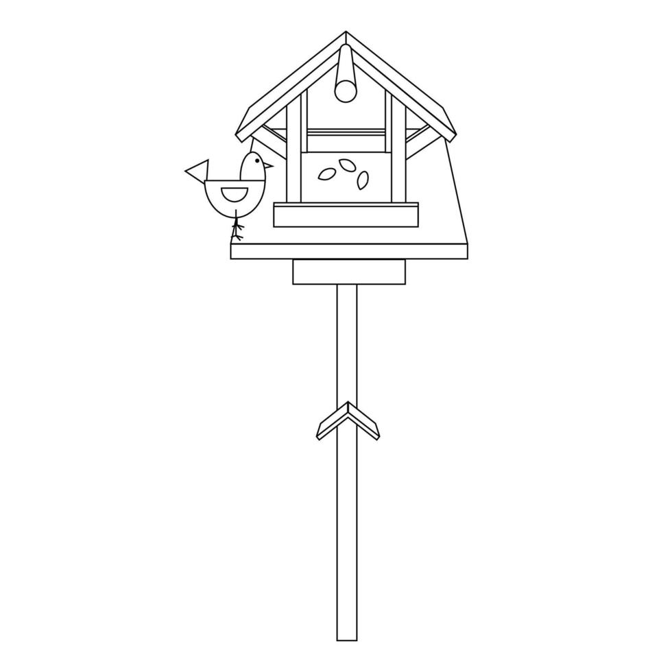 Bird feeder with bird, black line drawing, doodle isolated on white background. vector