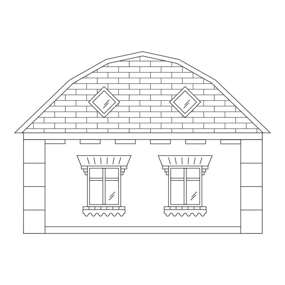 casa con ventanas, rural casa, negro línea dibujo, garabatear aislado en blanco antecedentes. vector