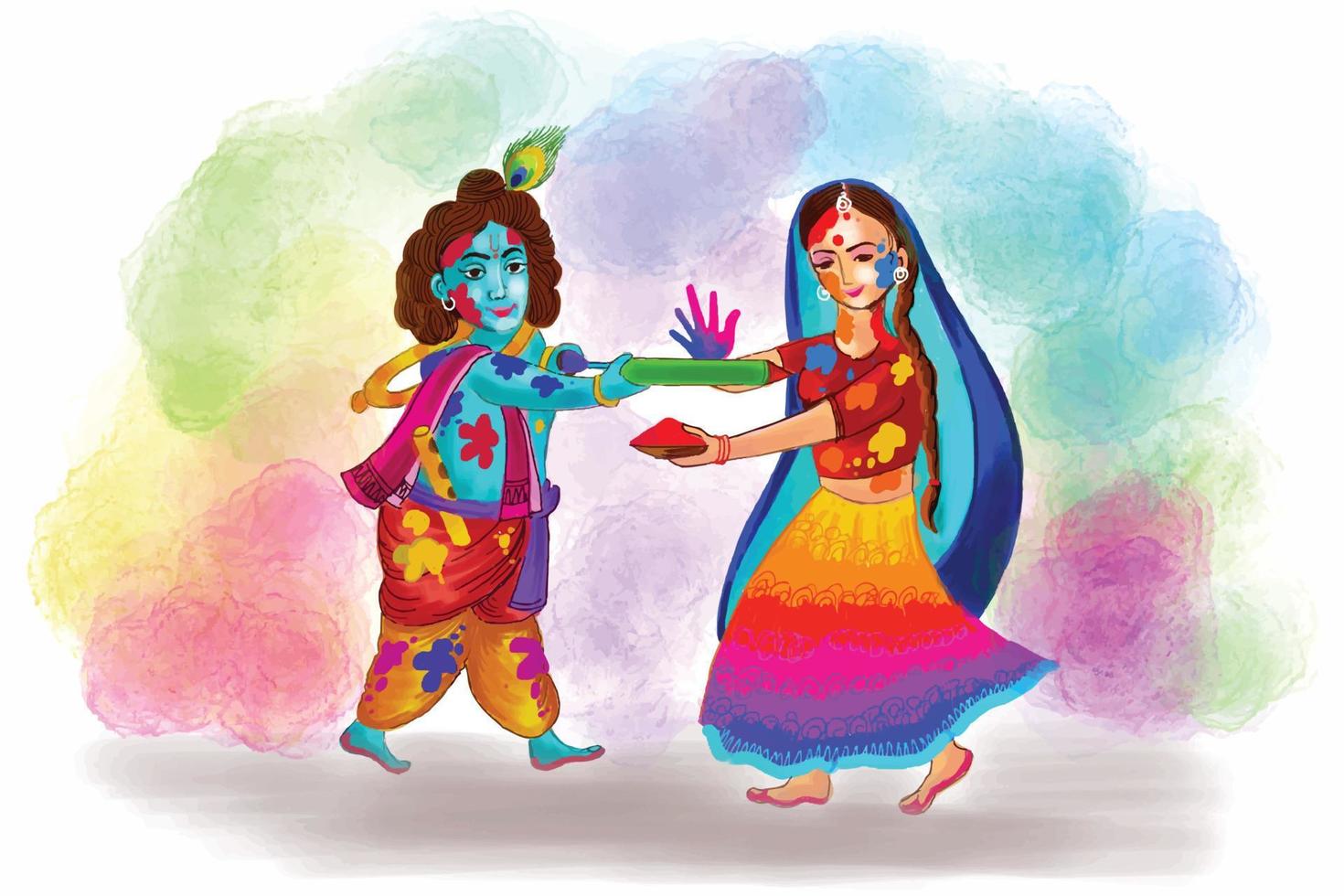 Holi greetings with joyful krishna and radha playing with colors design vector