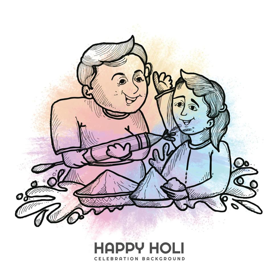 Hand draw fun characters sketch celebrate colorful holi background vector