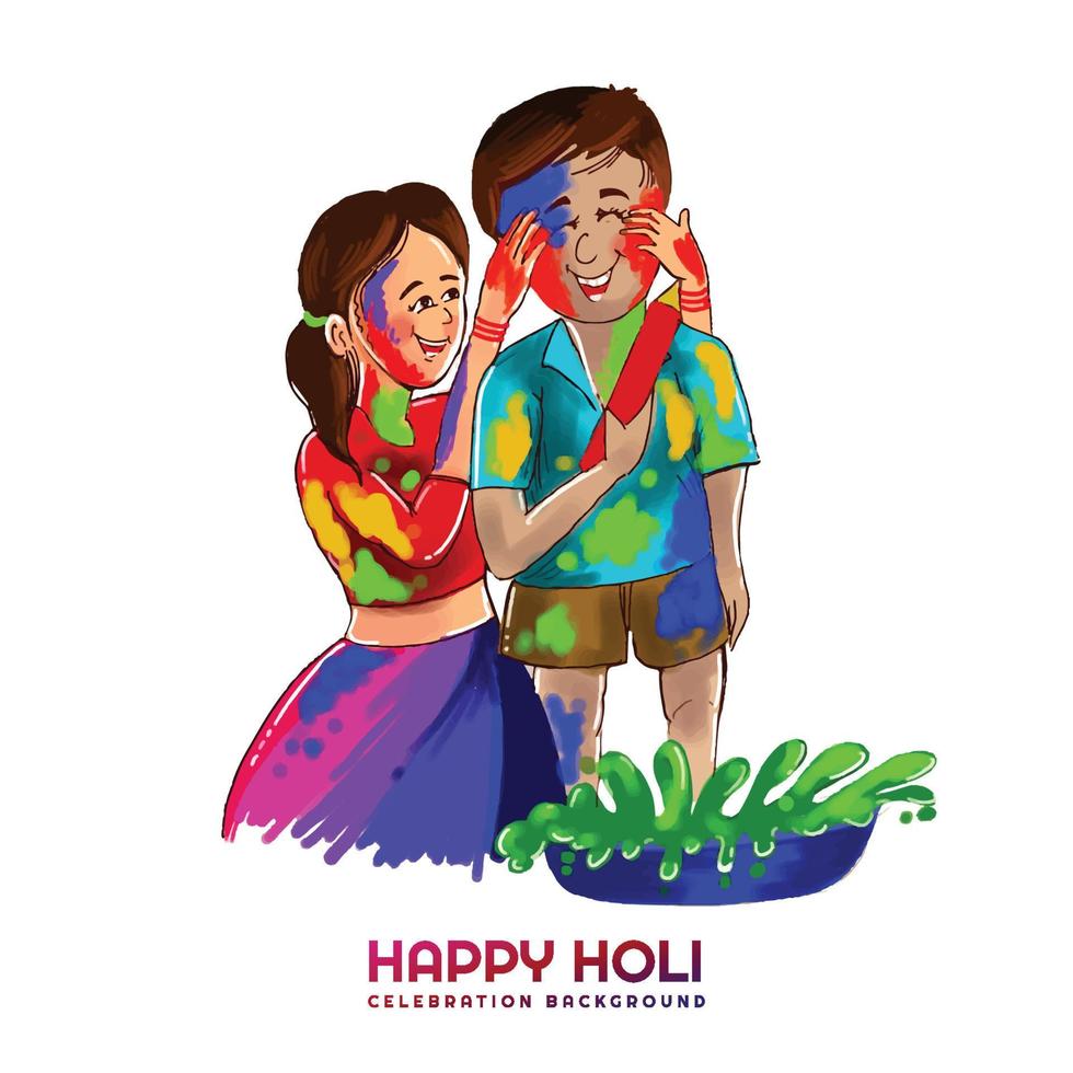 Hand draw fun characters celebrate colorful holi card background vector