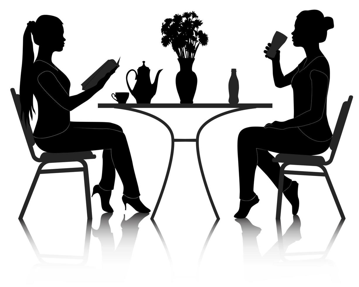 silhouettes of two girls at a table in a cafe vector