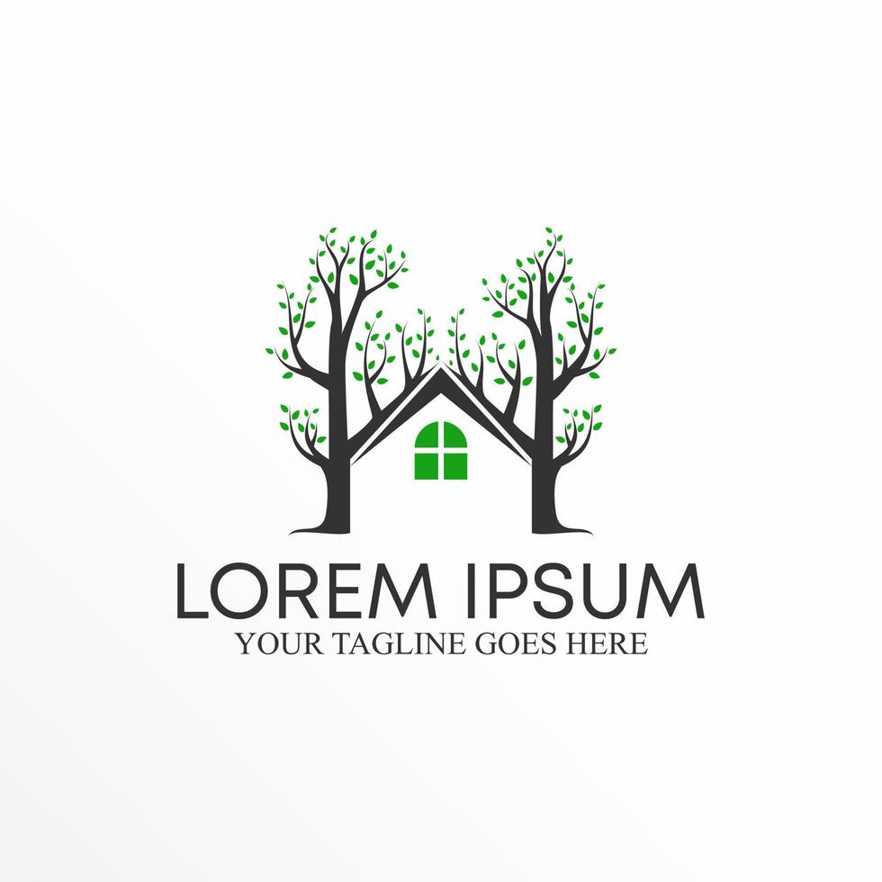 Tree branches and roof house with window image graphic icon logo design abstract concept vector stock. Can be used as a symbol related to property or nature.