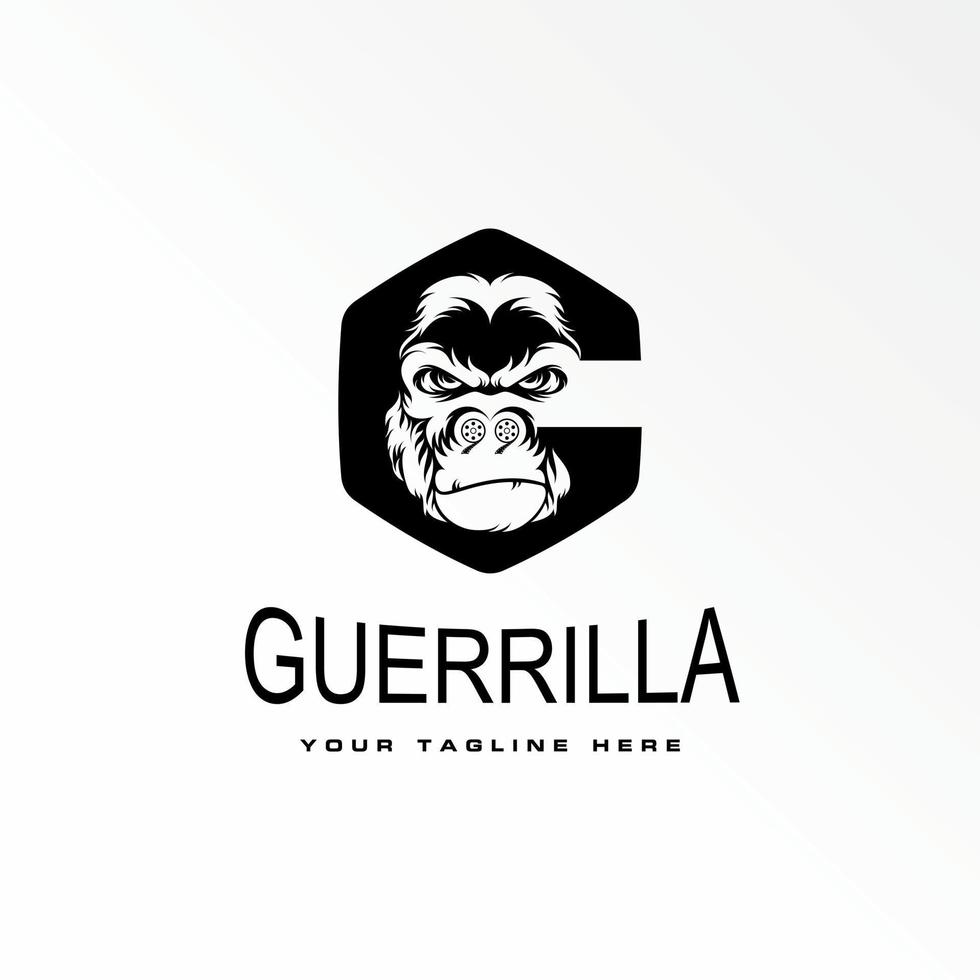 gorilla head in angry expression with in hexagon or ellipse like letter G or C font with rool film on nose graphic icon logo design abstract concept vector stock animal or initial
