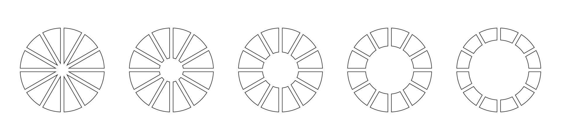 Wheels round divided in twelve sections. Diagrams infographic set. Circle section graph line art. Pie chart icons. Outline donut charts or pies segmented on 12 equal parts. Geometric element. vector