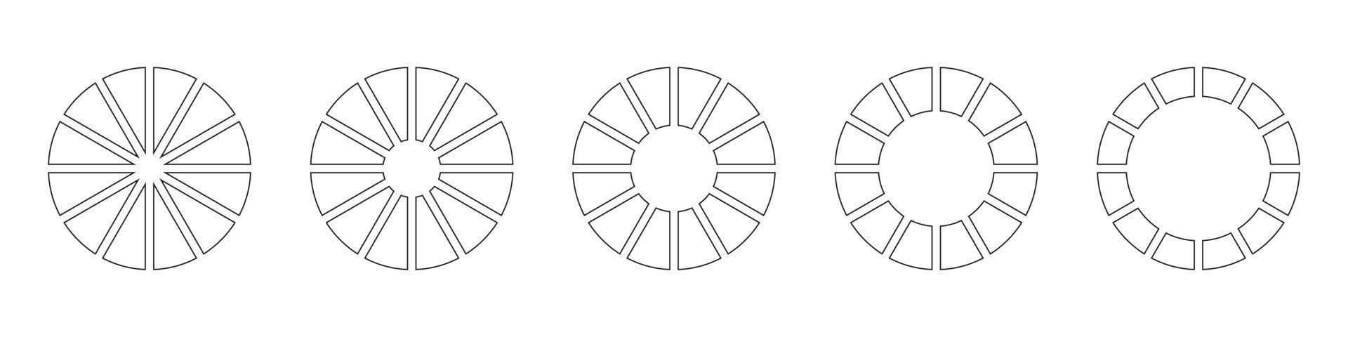 Wheels round divided in twelve sections. Diagrams infographic set. Circle section graph line art. Pie chart icons. Outline donut charts or pies segmented on 12 equal parts. Geometric element. vector