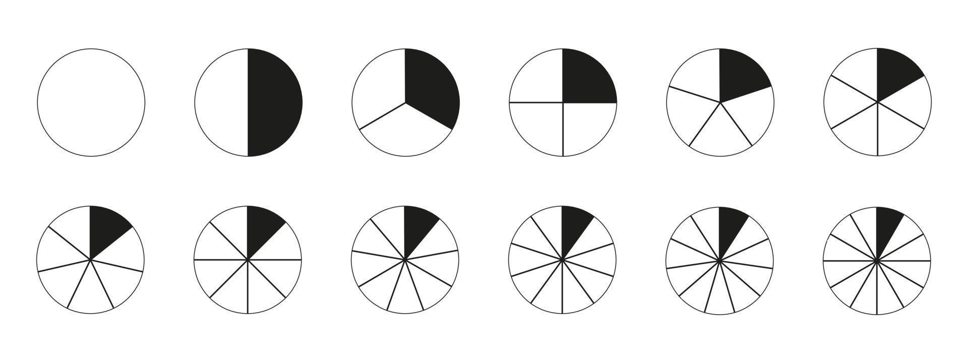 Segment slice icon. Pie chart template. Circle section graph line art. 1,2,3,4,5,6,7,8,9,10,11,12 segments infographic with one painted segment. Diagram wheel parts. Geometric element. vector