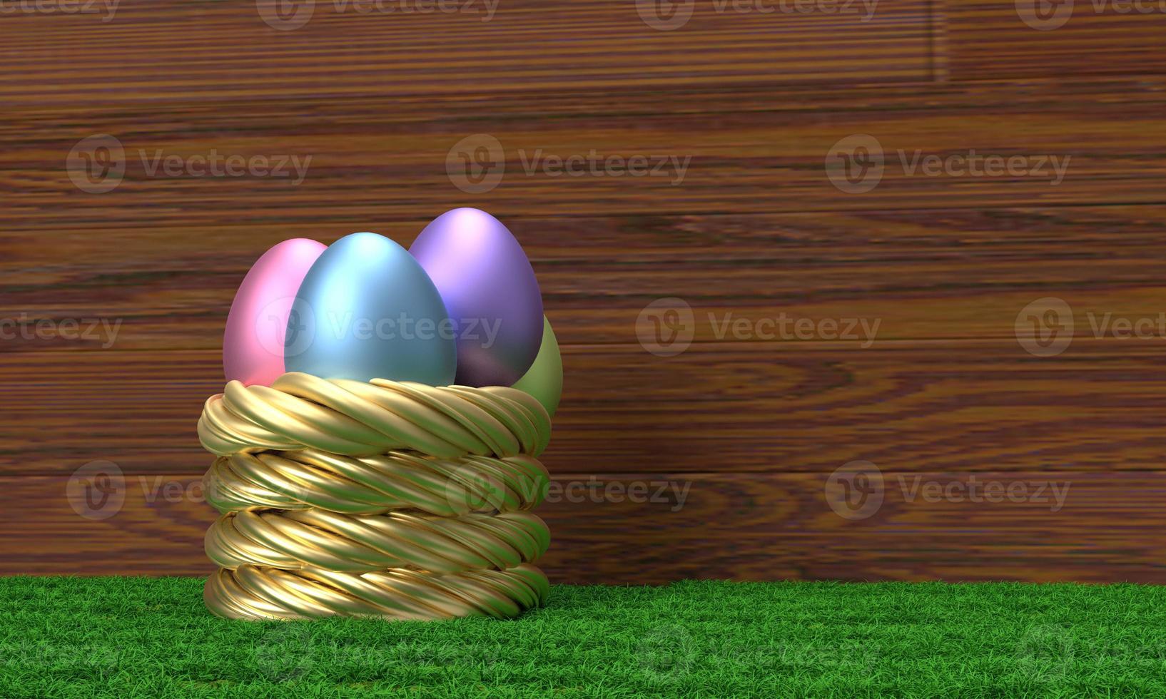 Nest basket golden yellow orange line gradient color wooden oak background copy space grass green color natural spring season time happy easter egg animal chicken april month object holiday .3d render photo