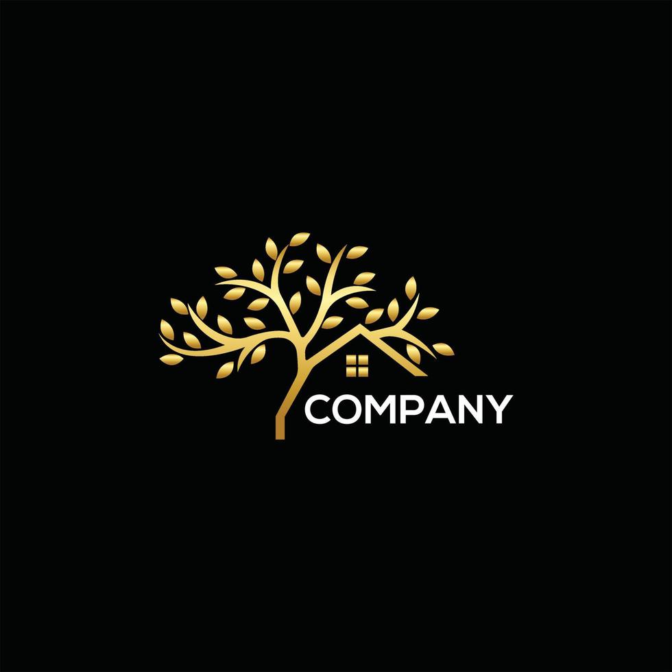 Tree gold House Logo Design Template, Tree Home logotype Design vector, Nature eco House Logo Free Vector