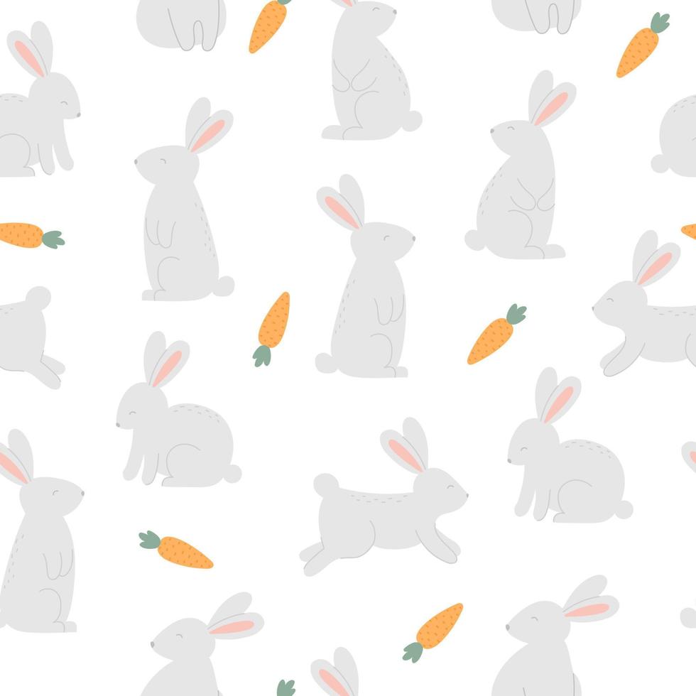 Seamless pattern with cute rabbits and carrots on white background. Template for Easter decor, invitation, cards. vector