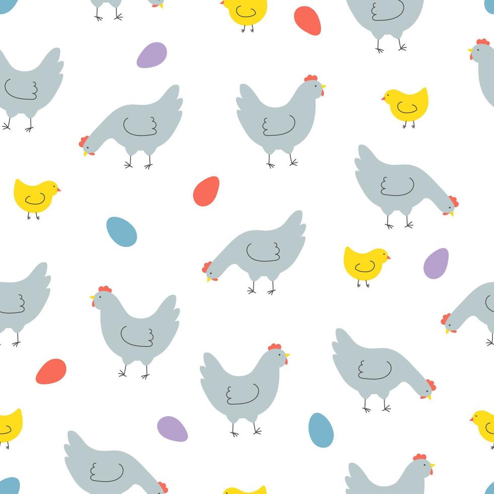 Seamless pattern with hens, chickens and eggs. Background for Easter, decor, invitation, cards. vector