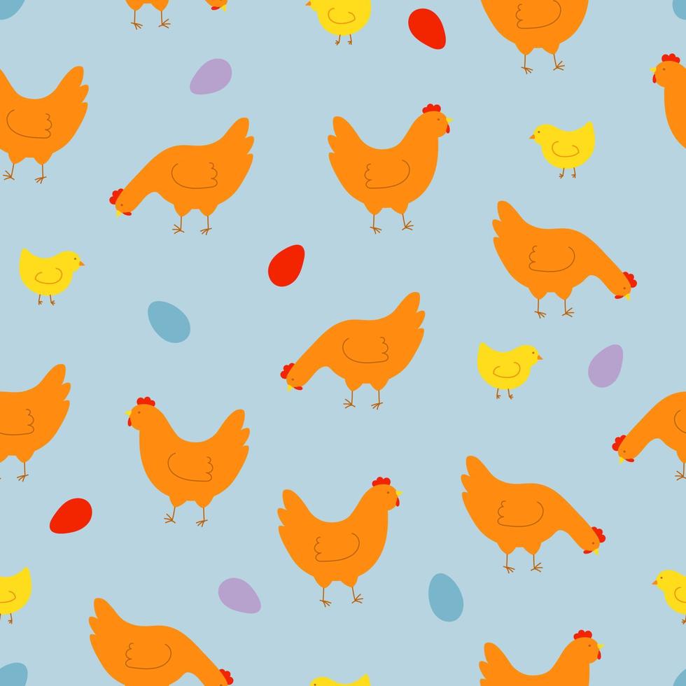 Seamless pattern with colorful hens, chickens and eggs. Background for Easter, decor, invitation, cards. vector