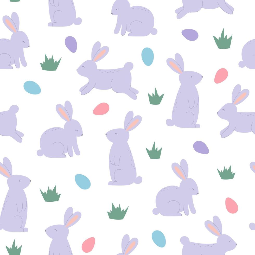 Seamless pattern with cute rabbits and eggs on white background. Template for Easter decor, invitation, cards. vector