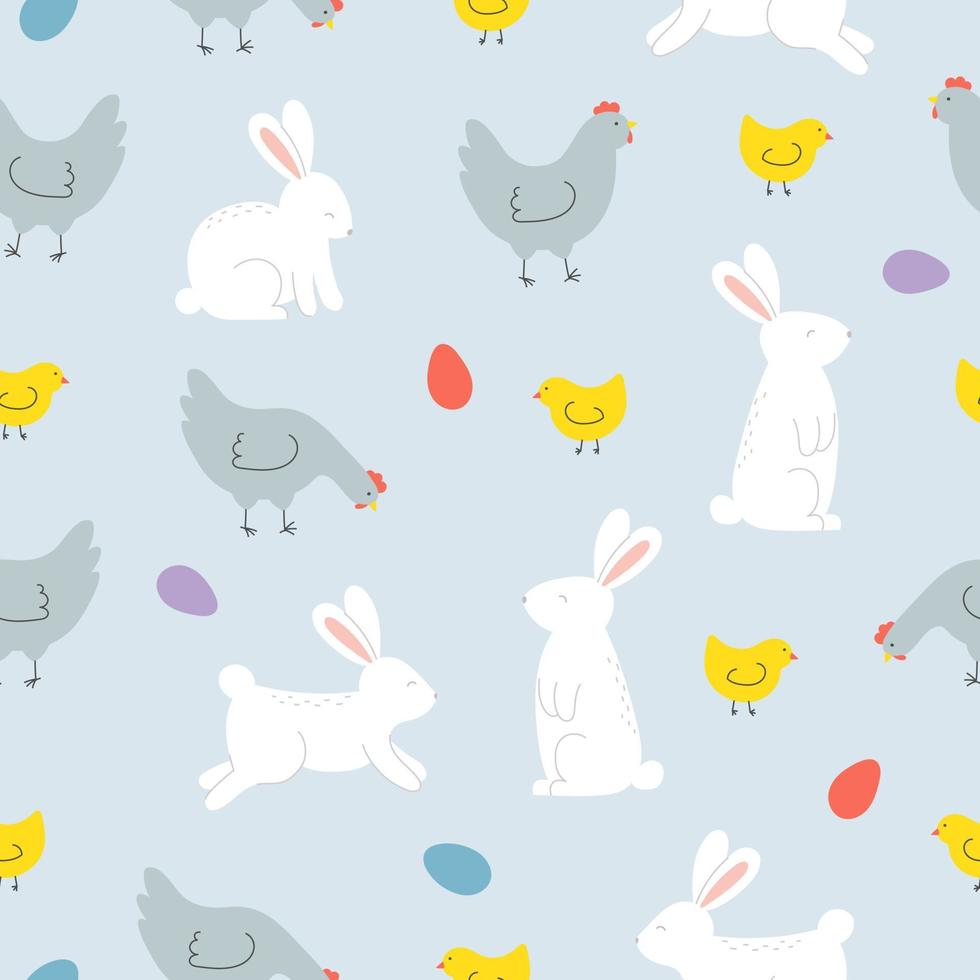 Seamless pattern with cute rabbits, hens, chickens and eggs on blue background. Template for Easter decor, invitation, cards vector