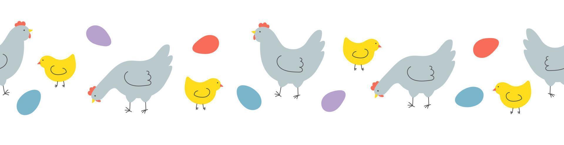 Seamless border with hens, chickens and eggs. Template for Easter decor, invitation, cards. vector