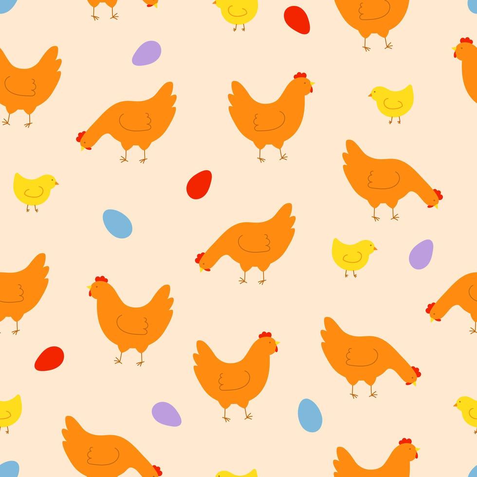 Seamless pattern with colorful hens, chickens and eggs. Background for Easter, decor, invitation, cards. vector