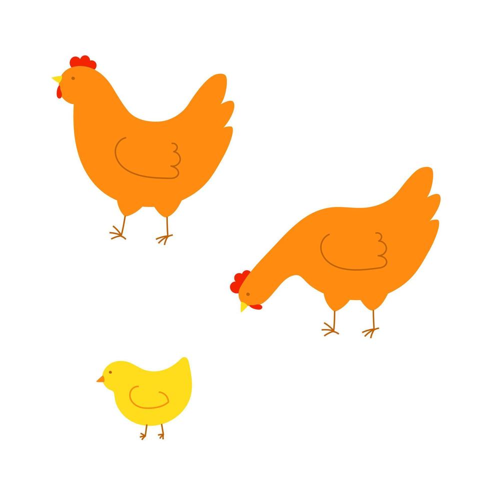 Hens and chickens set. Set of birds for Easter, decor, invitation, cards. vector