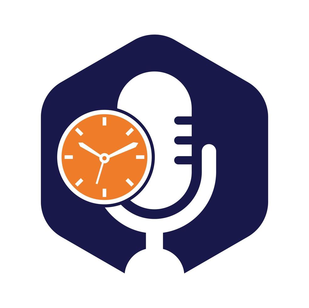 plantilla de diseño de logotipo de vector de tiempo de podcast. icono de diseño de logotipo de vector de reloj de micrófono.