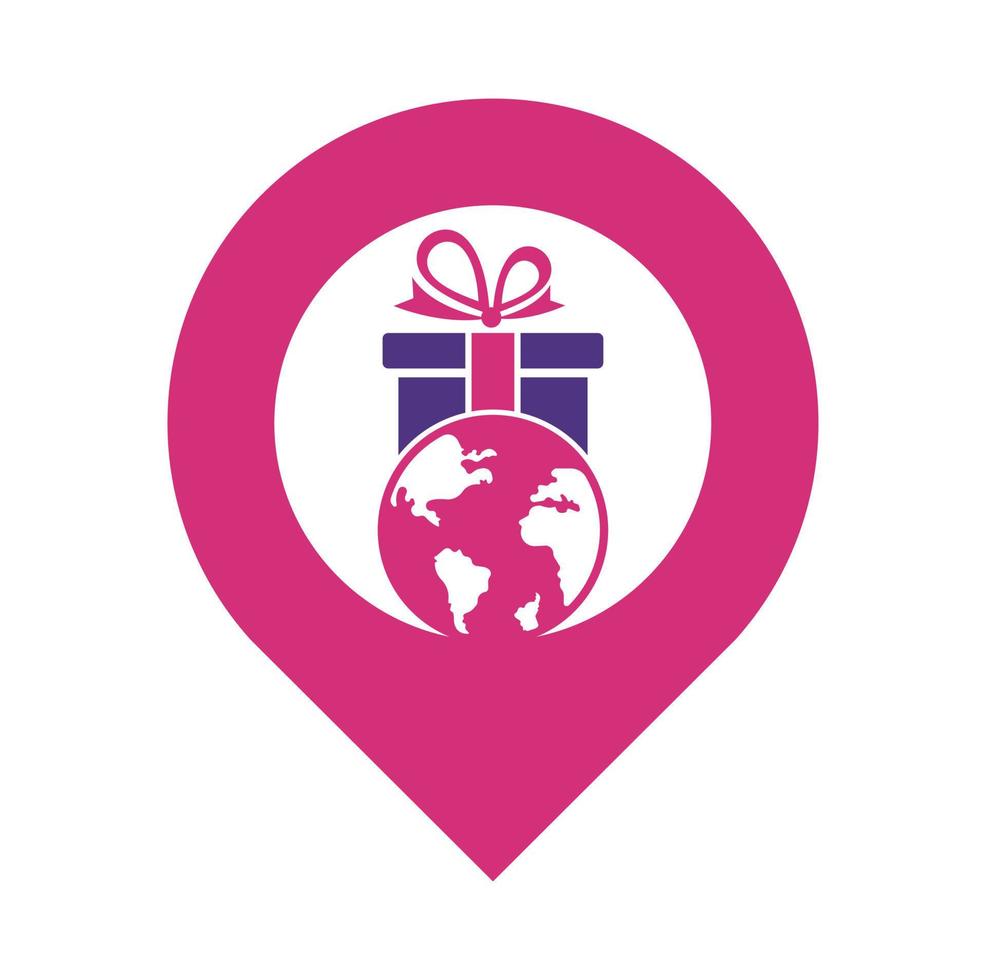 Global gift logo design template vector. Gift world map pin shape logo icon template. vector