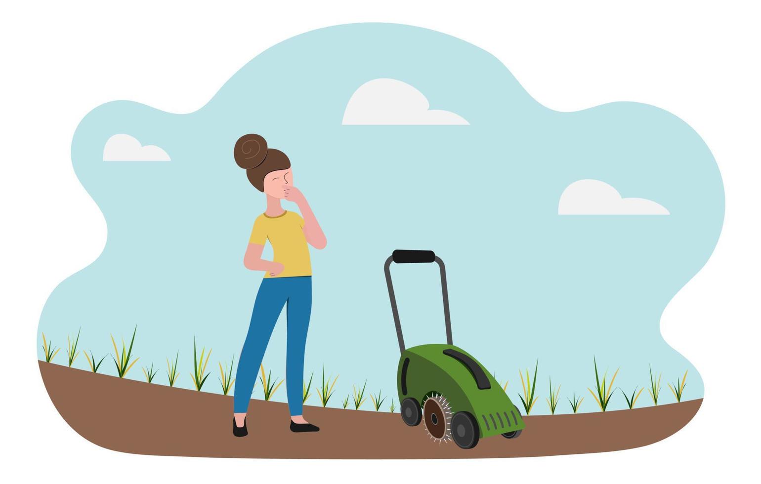 Lawn care equipment and service, aeration and scarification. The woman looks thoughtfully at the sparse withered lawn and scarifier. Concept vector illustration in flat style.