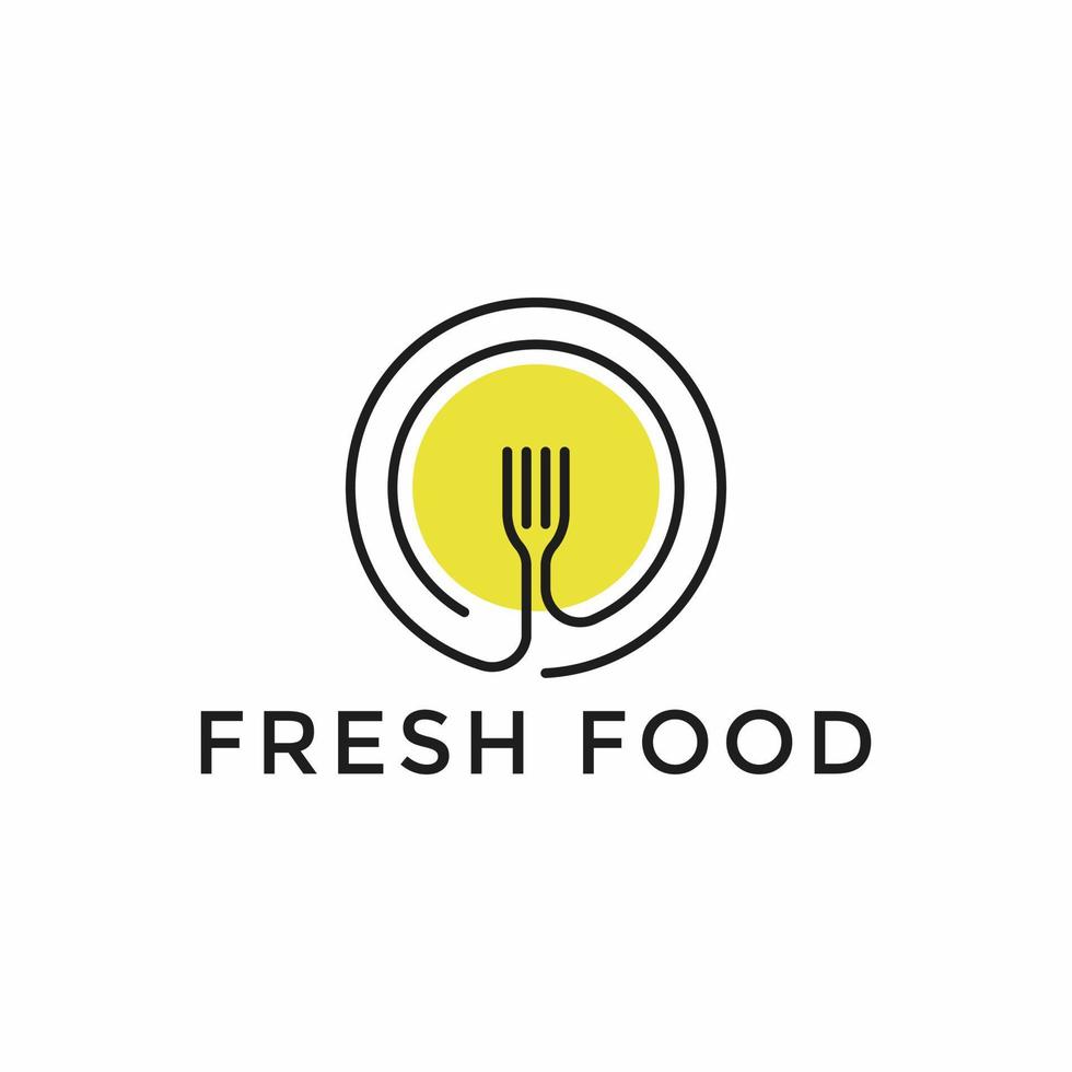 Fresh Food logo design template. Vector color hand like illustration background. Graphic fork icon symbol for cafe, restaurant, cooking business. Modern linear catering label, emblem, badge in circle