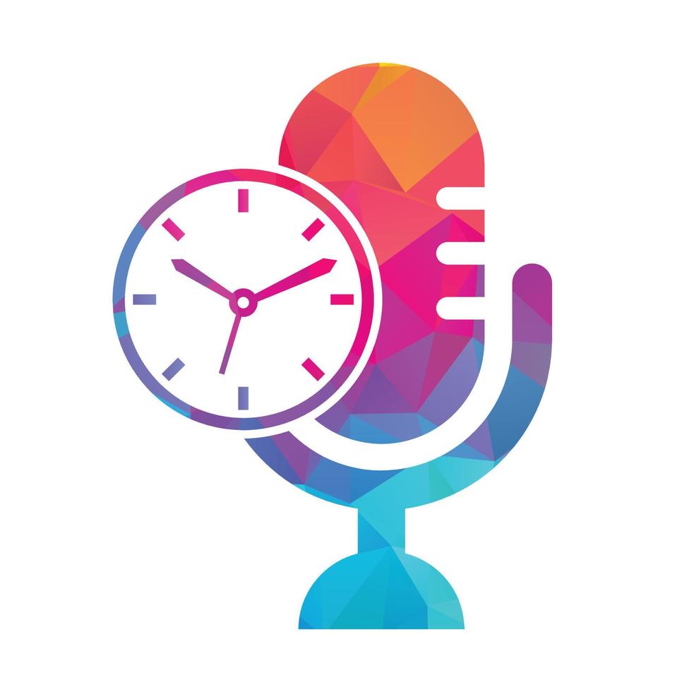 plantilla de diseño de logotipo de vector de tiempo de podcast. icono de diseño de logotipo de vector de reloj de micrófono.