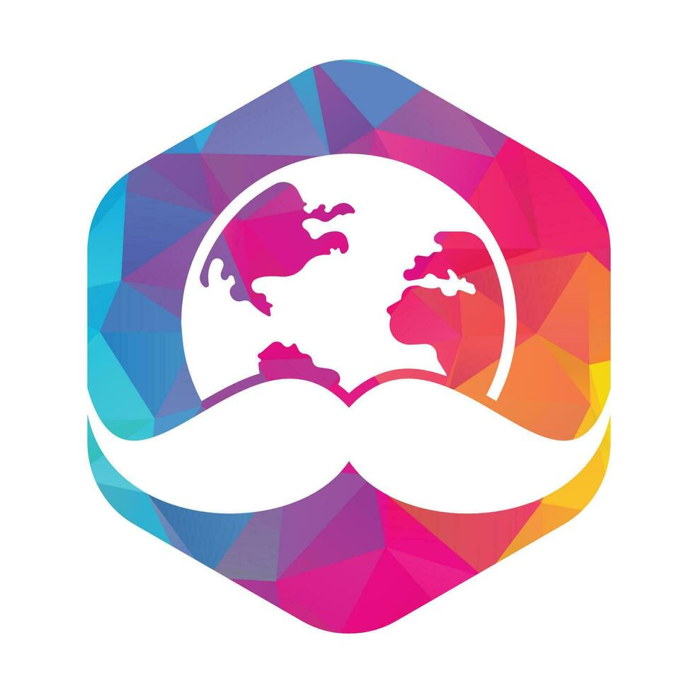 Mustache and globe vector icon logo design. World man day vector logo design template