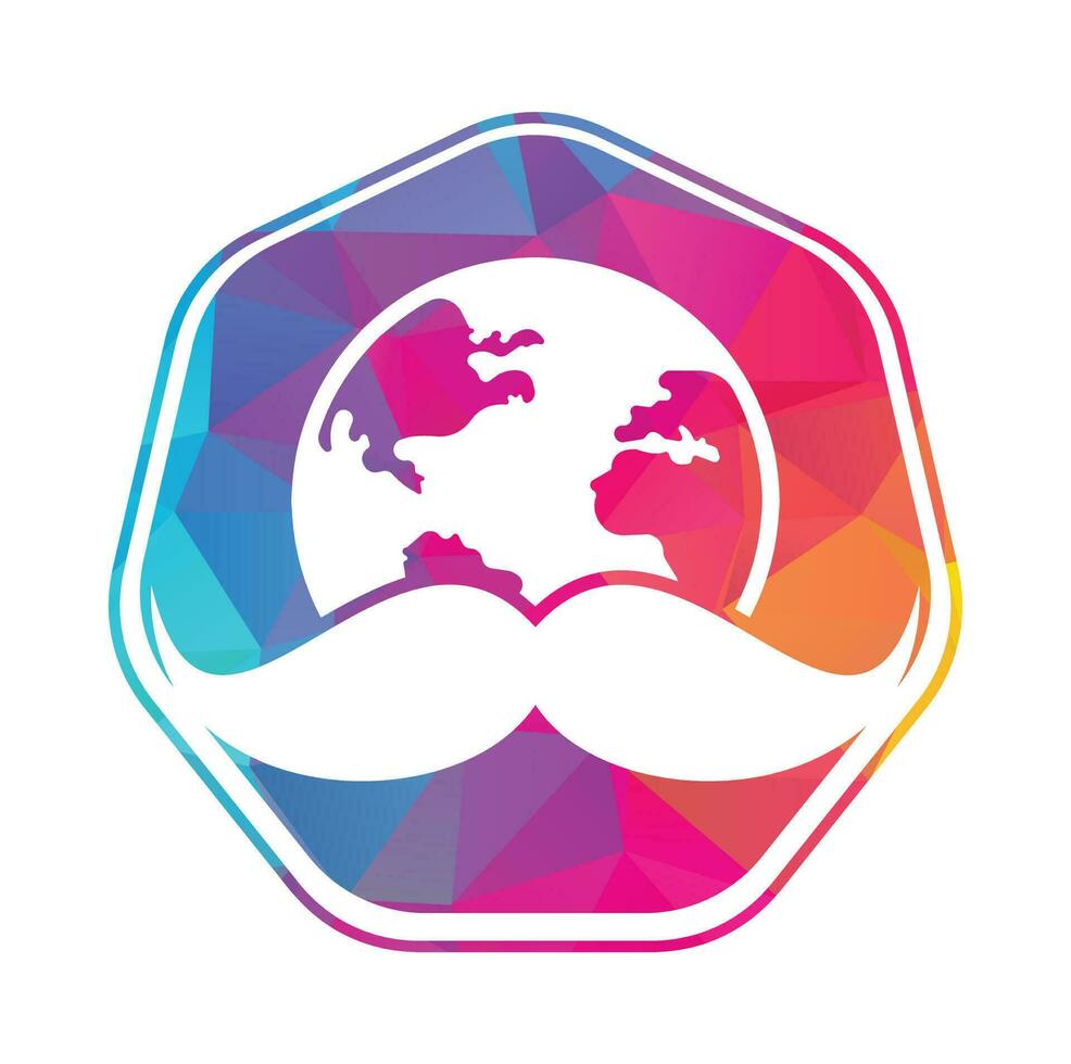 Mustache and globe vector icon logo design. World man day vector logo design template