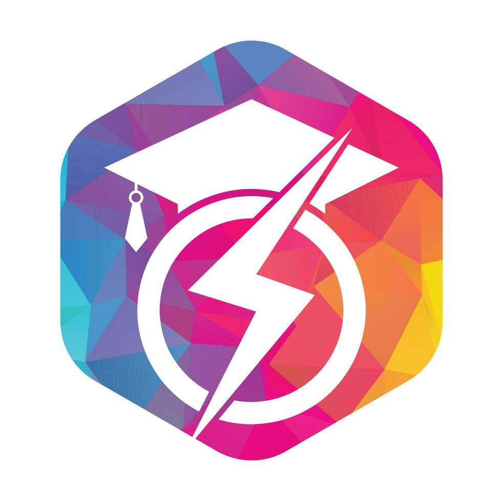 Flash student vector logo template. Education logo with graduation cap and thunder icon.