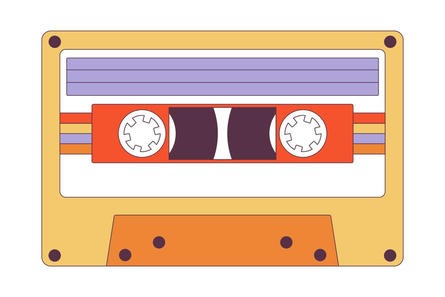 Retro stereo music cassette tape. Analogue magnetic audio tape. Cassette with retro label as vintage object for 80s revival mix tape design. Flat cartoon vector illustration on white background.