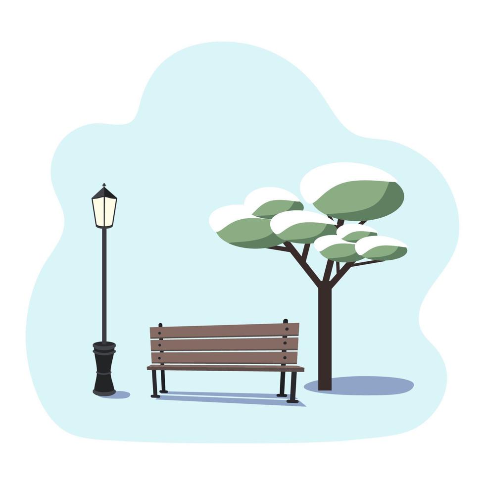 Winter urban landscape - an empty park bench, a tree in the snow and a street lamp on a blue background. Vector illustration, concept of loneliness and emptiness of streets during the pandemic.