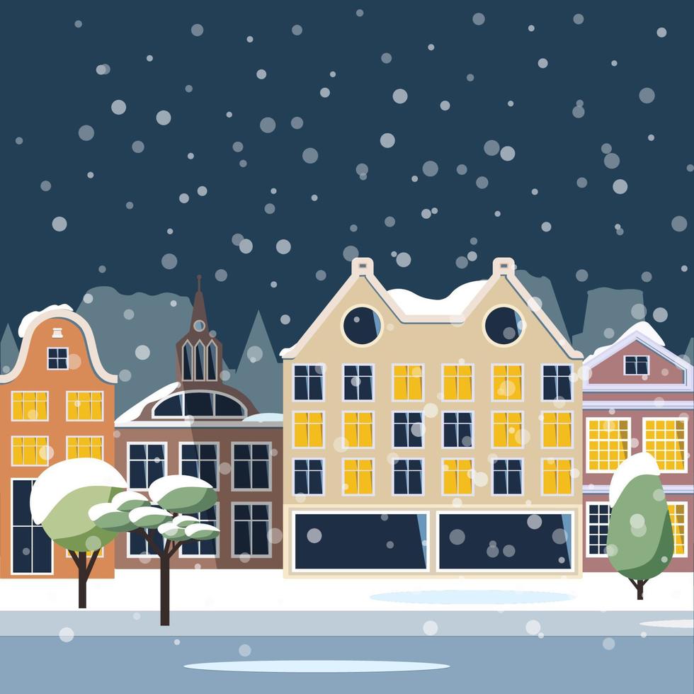 noche invierno europeo ciudad - casas y tiendas, árboles, un parque con linternas y bancos, un cubierto de nieve ciudad. vector ilustración en un plano estilo es adecuado como un bandera, tarjeta postal o modelo.