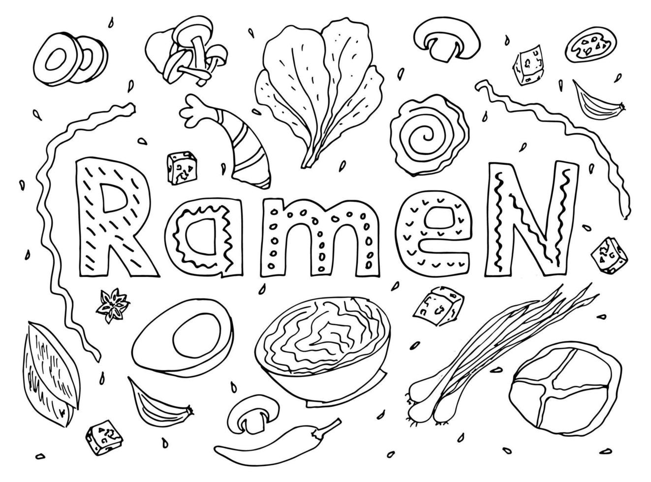 Japanese ramen noodles vector set of ingredients with lettering. Soup with chicken, eggs, carrots, onions in a miso broth. Stock illustration isolated on white background, sketch in the doodle style