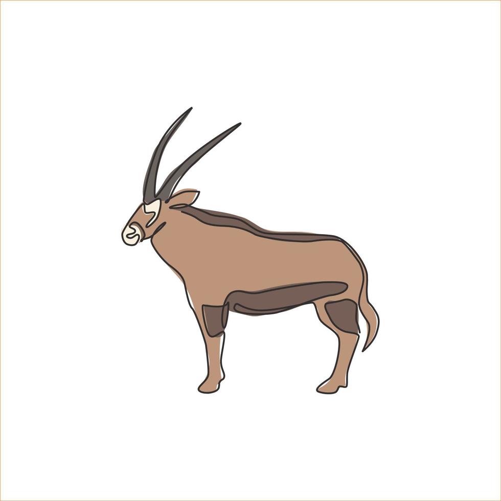 un dibujo de línea continua de stout oryx para la identidad del logotipo de la empresa. Gran concepto de mascota animal mamífero antílope africano para el icono del parque safari. Ilustración de vector de diseño de dibujo de línea única moderna