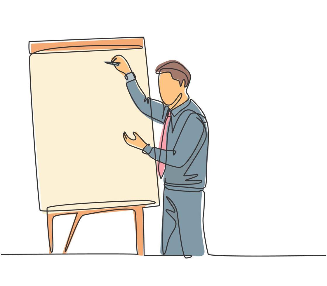 Single continuous line drawing of young business coach writing strategy to increase company growth on flip chart in front of class. Business coaching concept one line draw design vector illustration