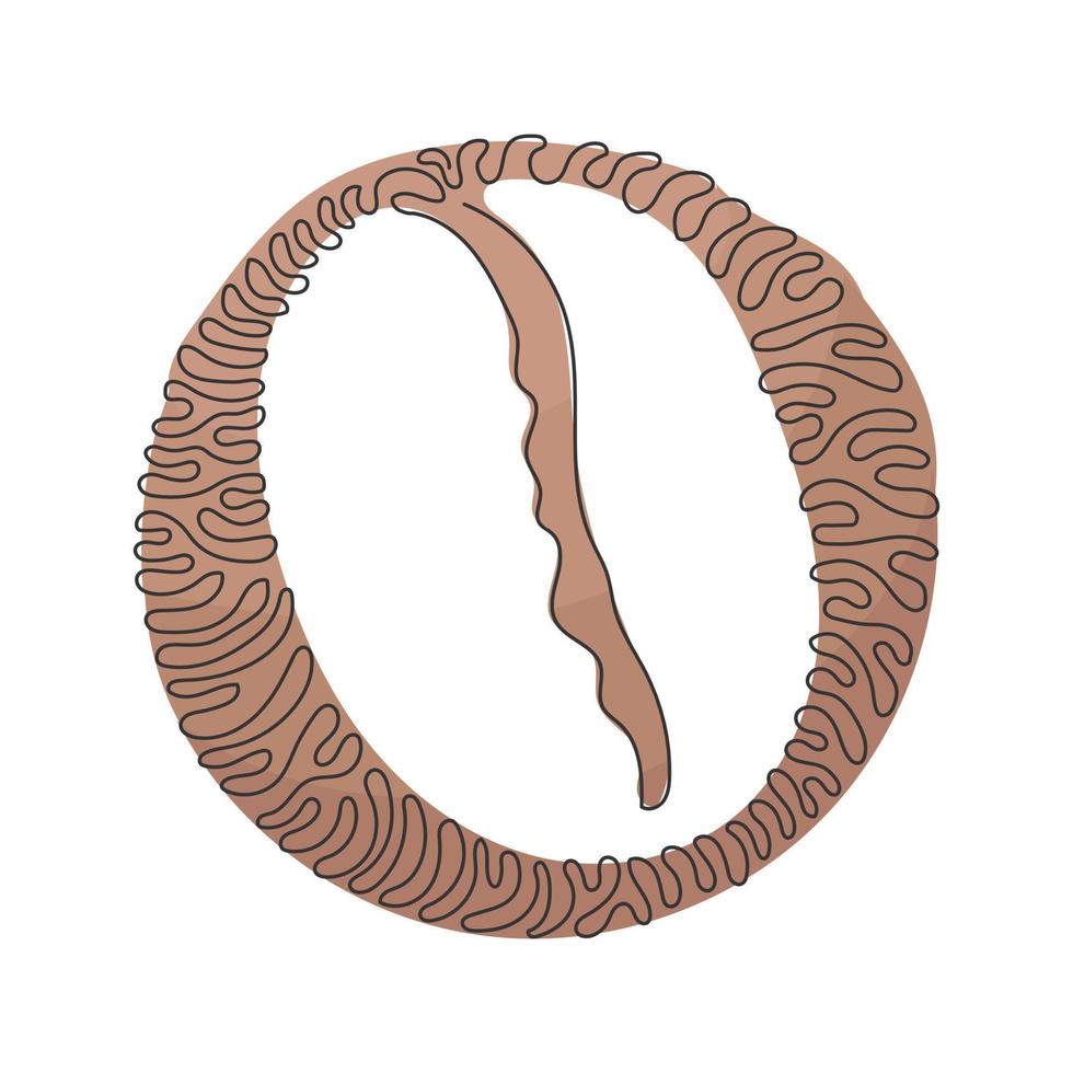 Single one line drawing whole healthy organic coffee bean for restaurant logo identity. Fresh aromatic seed for coffee shop icon. Swirl curl circle background style. Continuous line draw design vector
